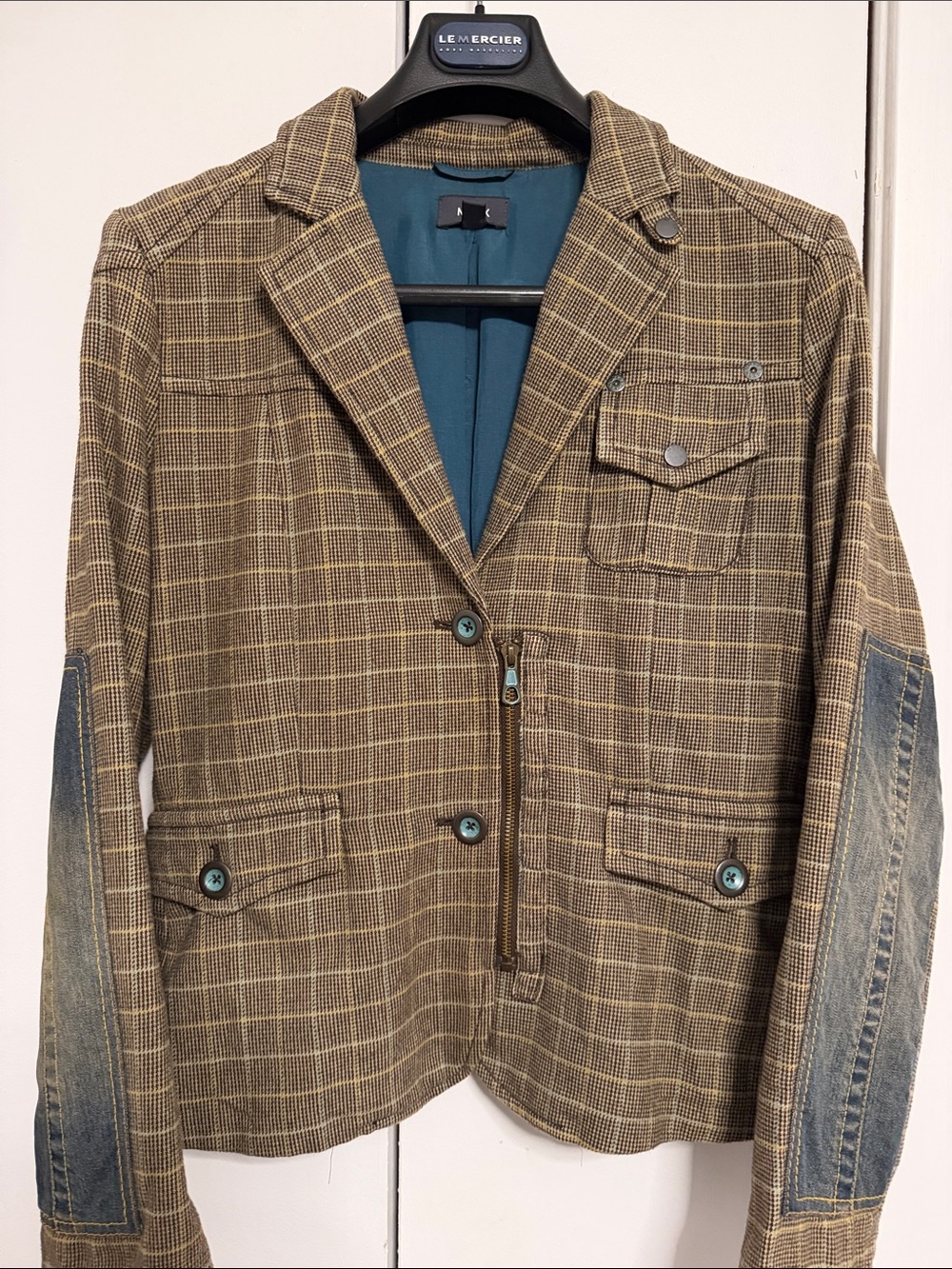Brown Glen Plaid Casual Blazer with Jeans Elbow Patches